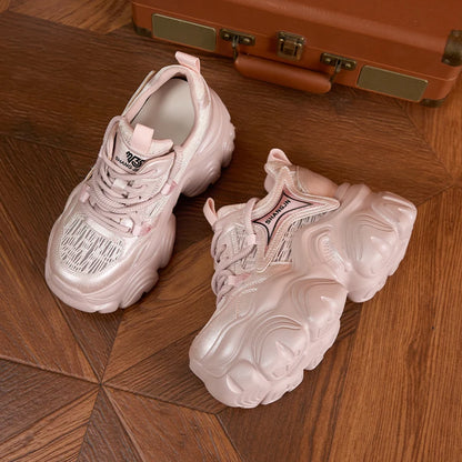 AUTUSPIN 10cm Pink Thick Soled Shoes for Summer Women Breathable Lace-up Ladies Sneakers Outdoor Casual Fashion Platform Shoes.