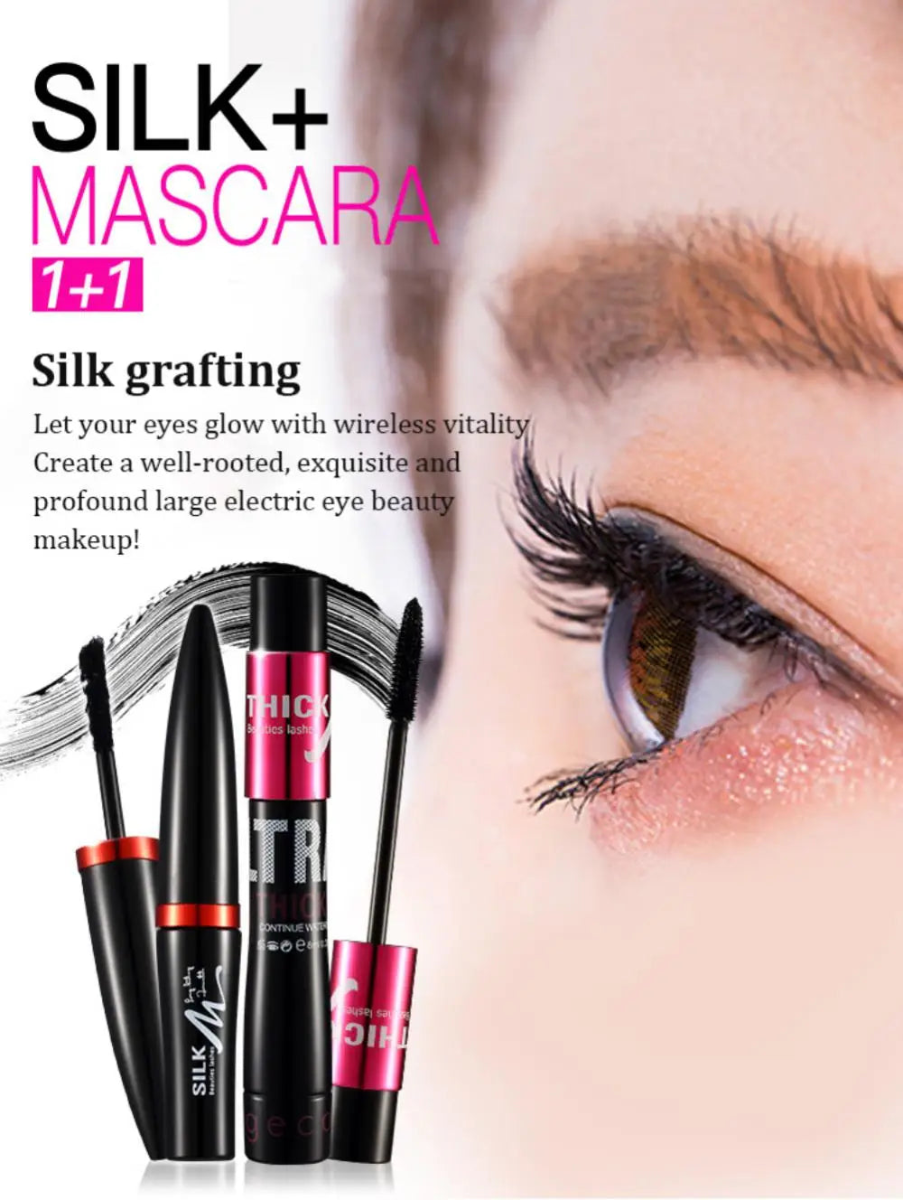 Fiber Silk Mascara Set Double Tube Natural Waterproof Dense Long Lasting No Halo Dye Mascara Beauty Makeup Extension Cream.