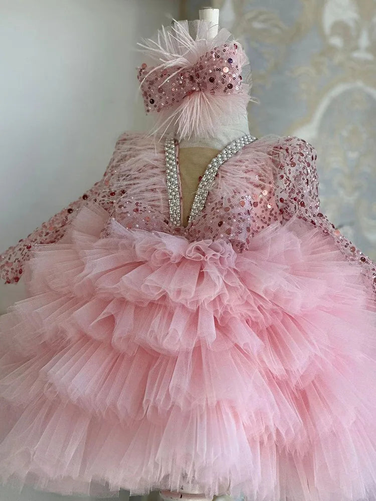Wunderschönes und elegantes langärmliges Mädchenkleid mit V-Ausschnitt und Pailletten für Kinderklavieraufführungen, Laufsteg-Performance-Mesh-Kuchenkleid.