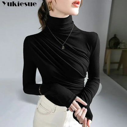 Pleated Stretch T-shirt New Spring Autumn Turtleneck Bottoming Pullover Women's Casual Elegant Basic Top Shirts Harajuku Gothic.