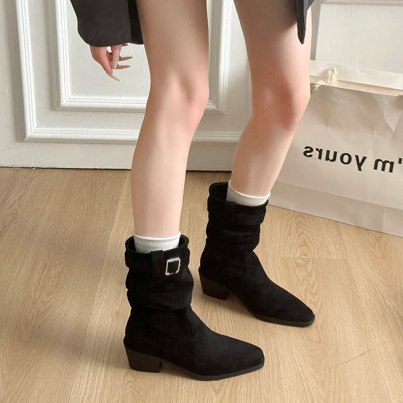 Autumn Winter Suede Pointed Toe Women Ankle Boots Fashion Slip On Thick Heel Shoes Ladies Elegant Slim Short Booties.