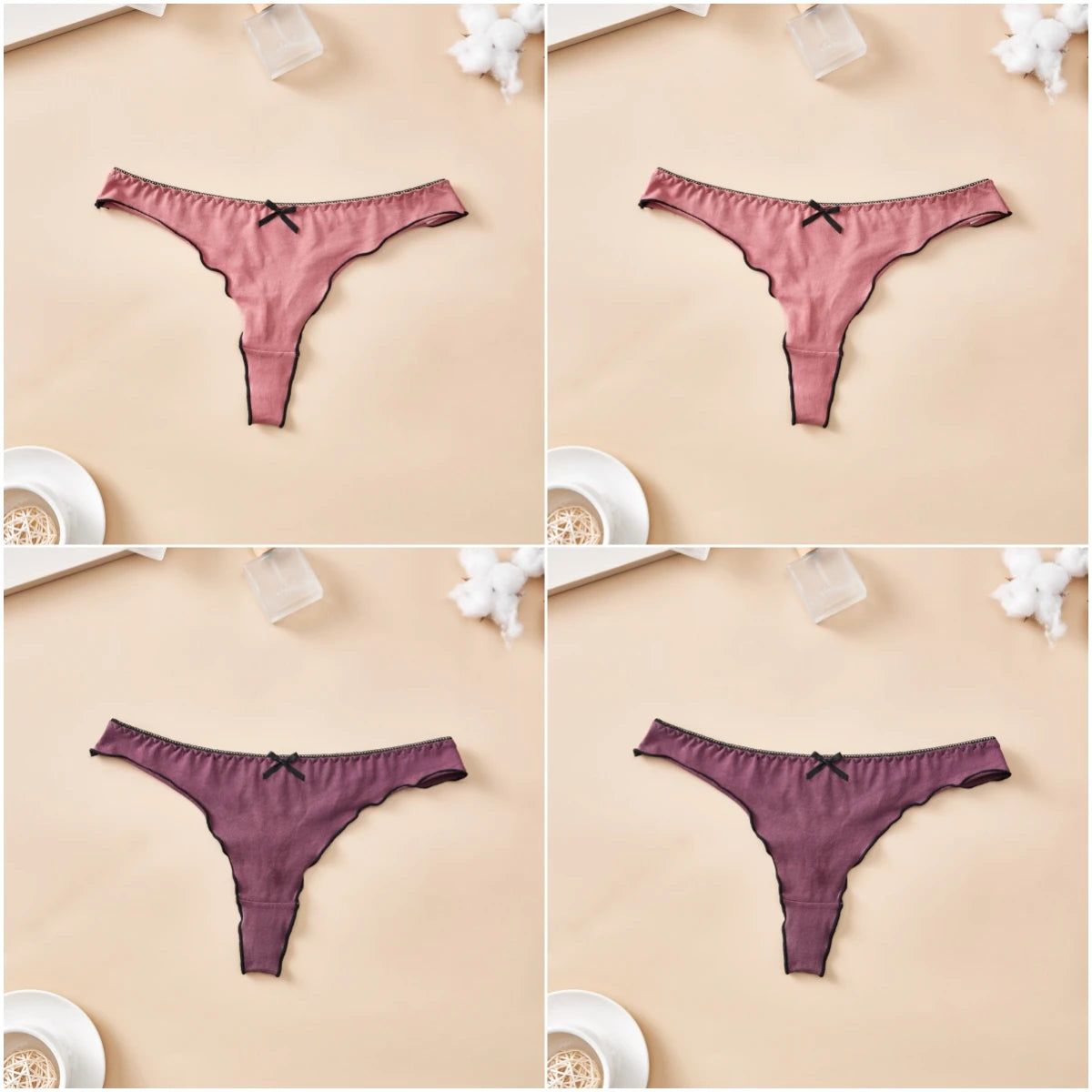 4pcs women's cotton solid color thong sexy comfortable women's underwear daily breathable T-back knitted bow cute girl low-waist