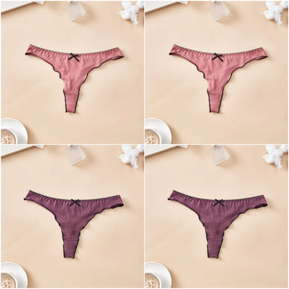 4pcs women's cotton solid color thong sexy comfortable women's underwear daily breathable T-back knitted bow cute girl low-waist