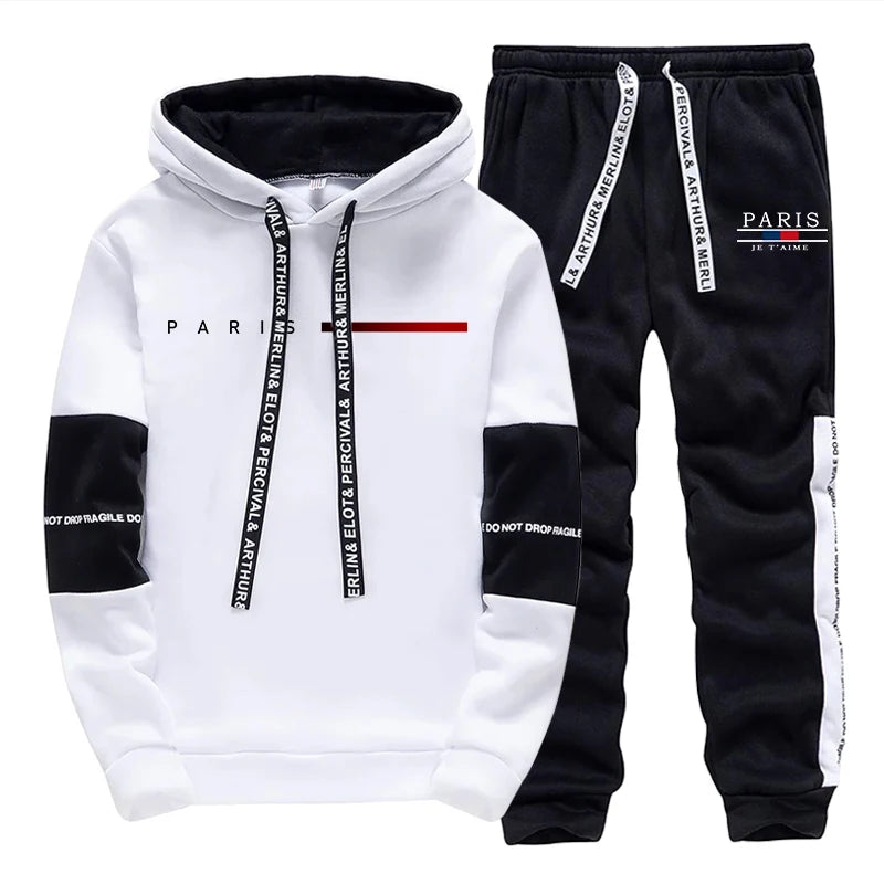 2025 Trendy Paris Print Hooded Tracksuit Men Winter Autumn Casual Jogging Outfit Athletic Sportswear Sweatpants Men's Clothes.