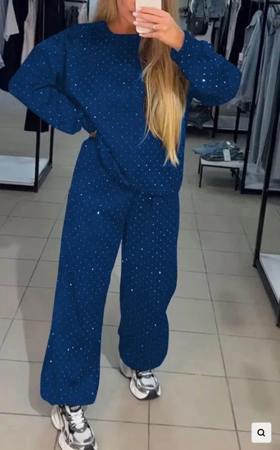 Fall Winter Rhinestone Shiny Loose Fit Set Women O Neck Sweatshirt Pullover Tie-up Pants Tracksuit Retro Loose Sport 2 Pice Set.