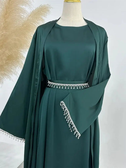 Ramadan Kebaya Chain Satin Kimono 2 Piece Abaya Set Turkey Islam Dress Muslim Sets Abayas For Women Robe Femme Musulmane Kaftan