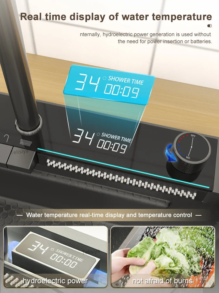 Various Waterfall kitchen Sink  Stainless Steel Multifunctional Large Single Slot Digital Display Sinks