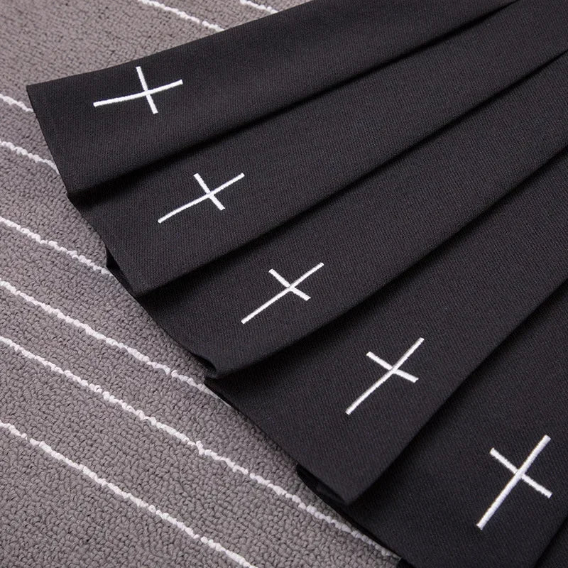 Women Harajuku Sweet Fresh Feeling High Waist Pleated Skirt Elastic Waist Cross Embroidery Skirt Pleated Skirt.
