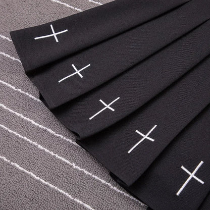 Women Harajuku Sweet Fresh Feeling High Waist Pleated Skirt Elastic Waist Cross Embroidery Skirt Pleated Skirt.