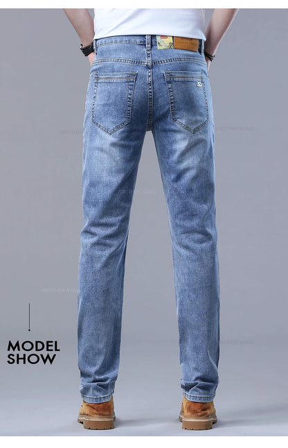 Spring Men's Light Blue Slim Jeans Stylish Casual Stretch Fabric Denim Pants Classic Trousers Smoke Gray.