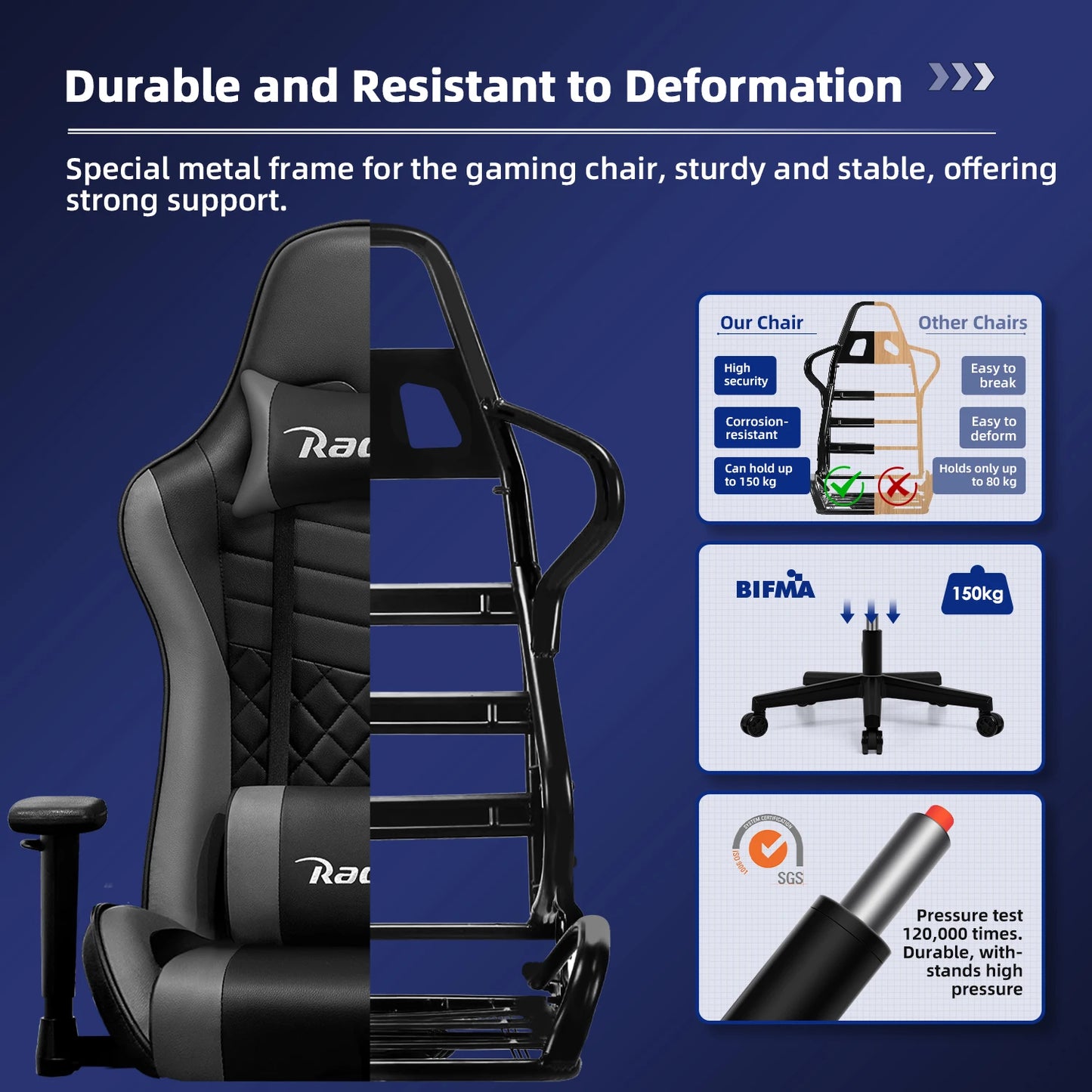 AUTHMIC Ergonomischer Gaming-Stuhl, Büro-Liegestuhl mit Lordosenstütze, verstellbare Armlehne, 150 kg Belastung für Heimarbeit, Gamer-Setup