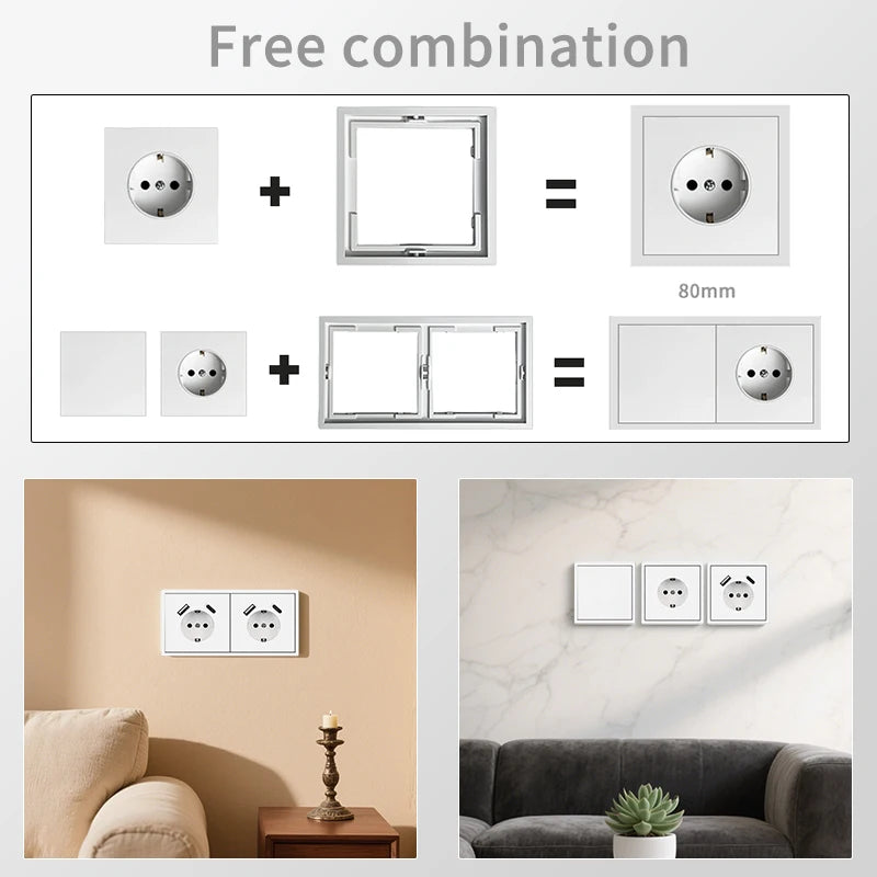 Europäische Wandsteckdose, EU-Steckdose, USB-Typ-C-Ladeanschlüsse, 1/2-Gang-Lichtschalter, 16 A 250 V, Unterputzmontage, weißes Panel, 80 x 80 mm.