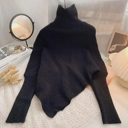 2025 Korea Herbst Winter Frauen Mode Unregelmäßigen Lose Stricken Pullover Vintage High Neck Langarm Weibliche Pullover Chic Tops.