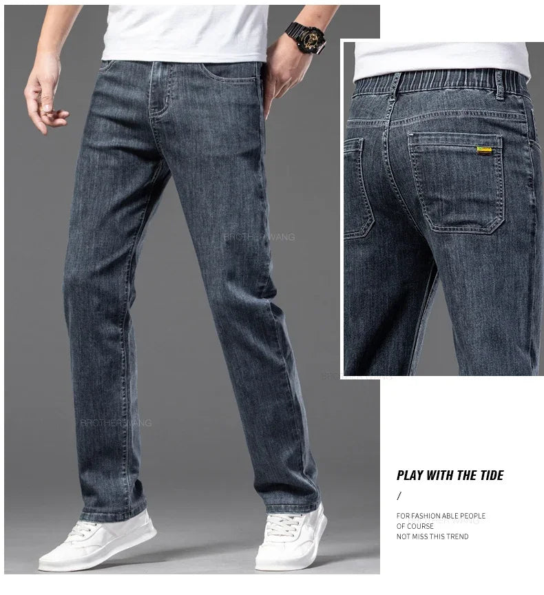 Spring Summer Thin Men's Classic Jeans Elastic Loose Straight Cotton Casual Denim Trousers Brand Clothing Business Male Pants.