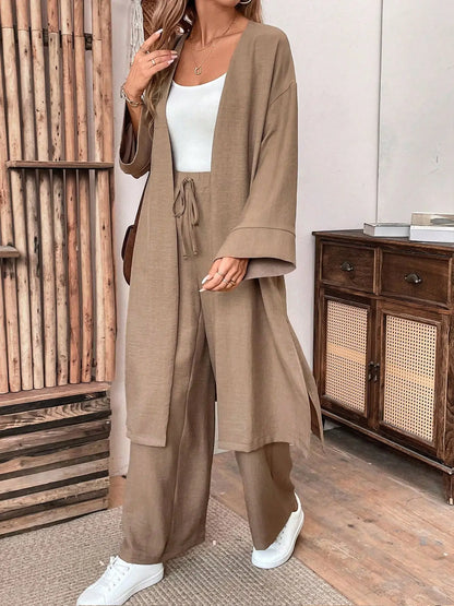 Clothes Autumn open-collar Solid Color Long Loose Top + Drawstring Wide-leg Trousers Trajes De Mujer Conjunto 2 Piezas Elegantes.