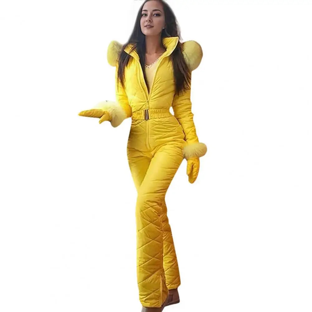 2025 Women Ski Jumpsuit Warm Snowsuit Winter Women's Snowsuit with Gloves Hood Windproof Ski Outfit with Elastic Waist Zipper fo.