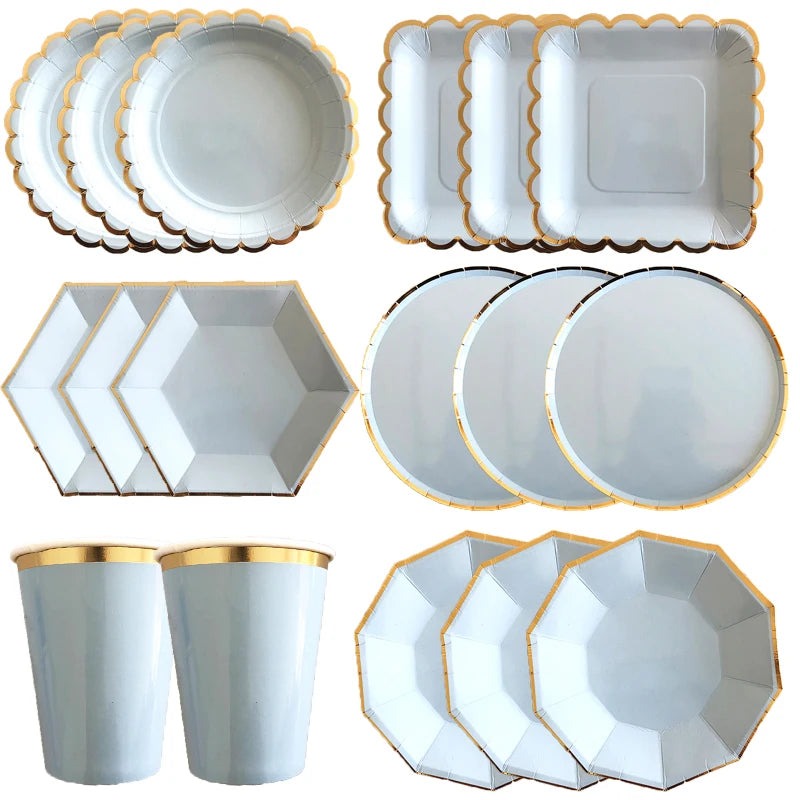 Gold Blue Party Disposable Tableware Paper Straw Cups Plates Napkins Baby Shower Favors Birthday Wedding Decor Party Supplies.