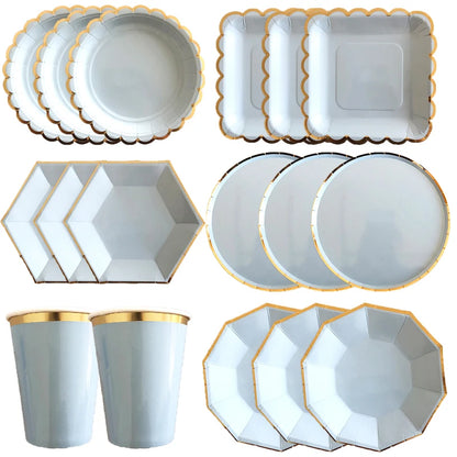 Gold Blue Party Disposable Tableware Paper Straw Cups Plates Napkins Baby Shower Favors Birthday Wedding Decor Party Supplies.