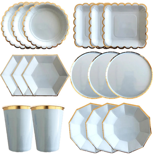 Gold Blue Party Disposable Tableware Paper Straw Cups Plates Napkins Baby Shower Favors Birthday Wedding Decor Party Supplies.