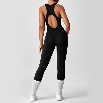 Ladies' Fashion Solid Color Round Neck Tight Yoga Jumpsuit Breathable Sleeveless Front Zipper Soft and Comfy Fitness Clothes.