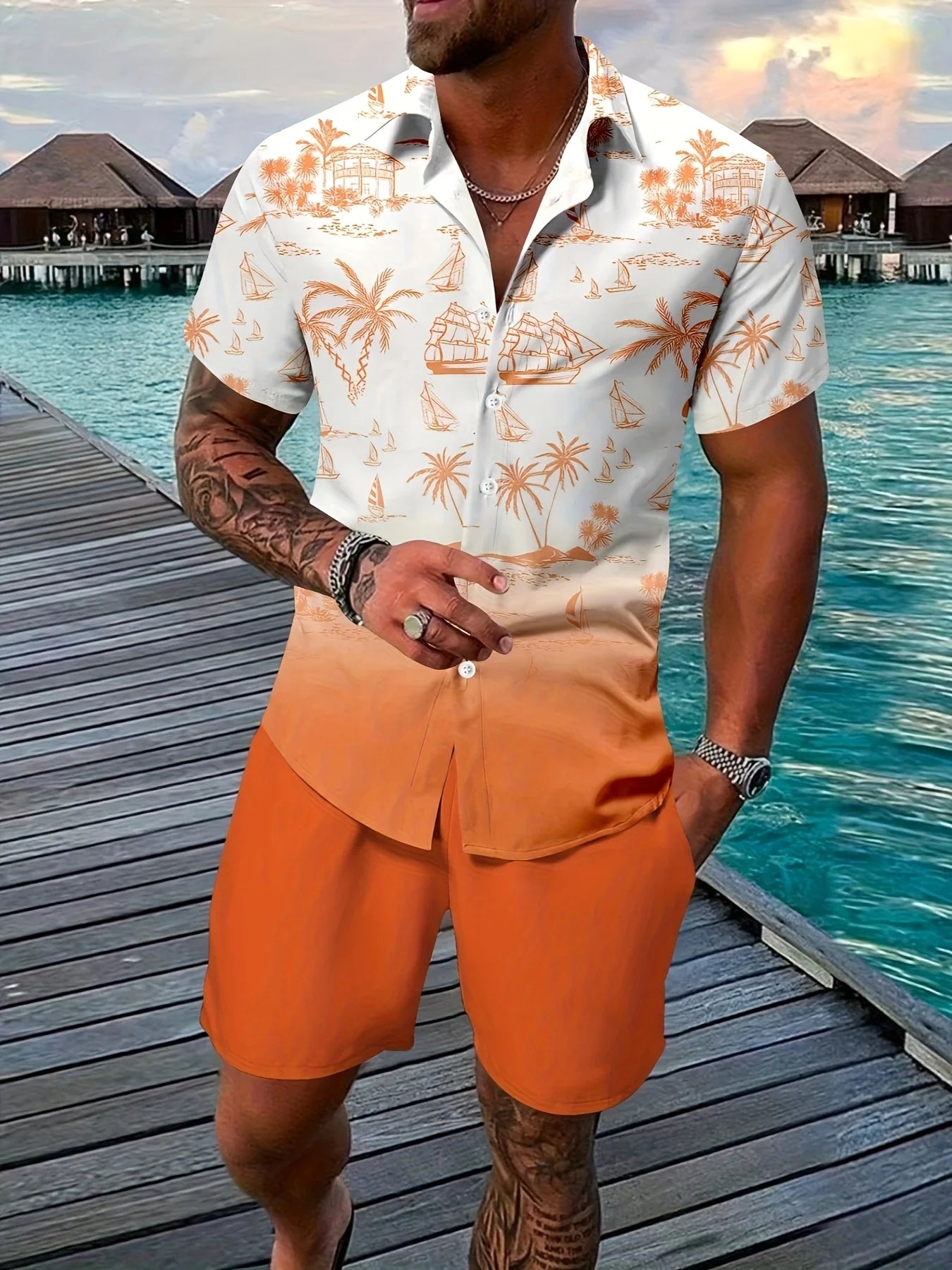 2pcs Men's Tropical Palm Tree Print Shorts & Shirt Set Drawstring Waist Summer Beachwear Casual Attire Tropical Print Asian Size.