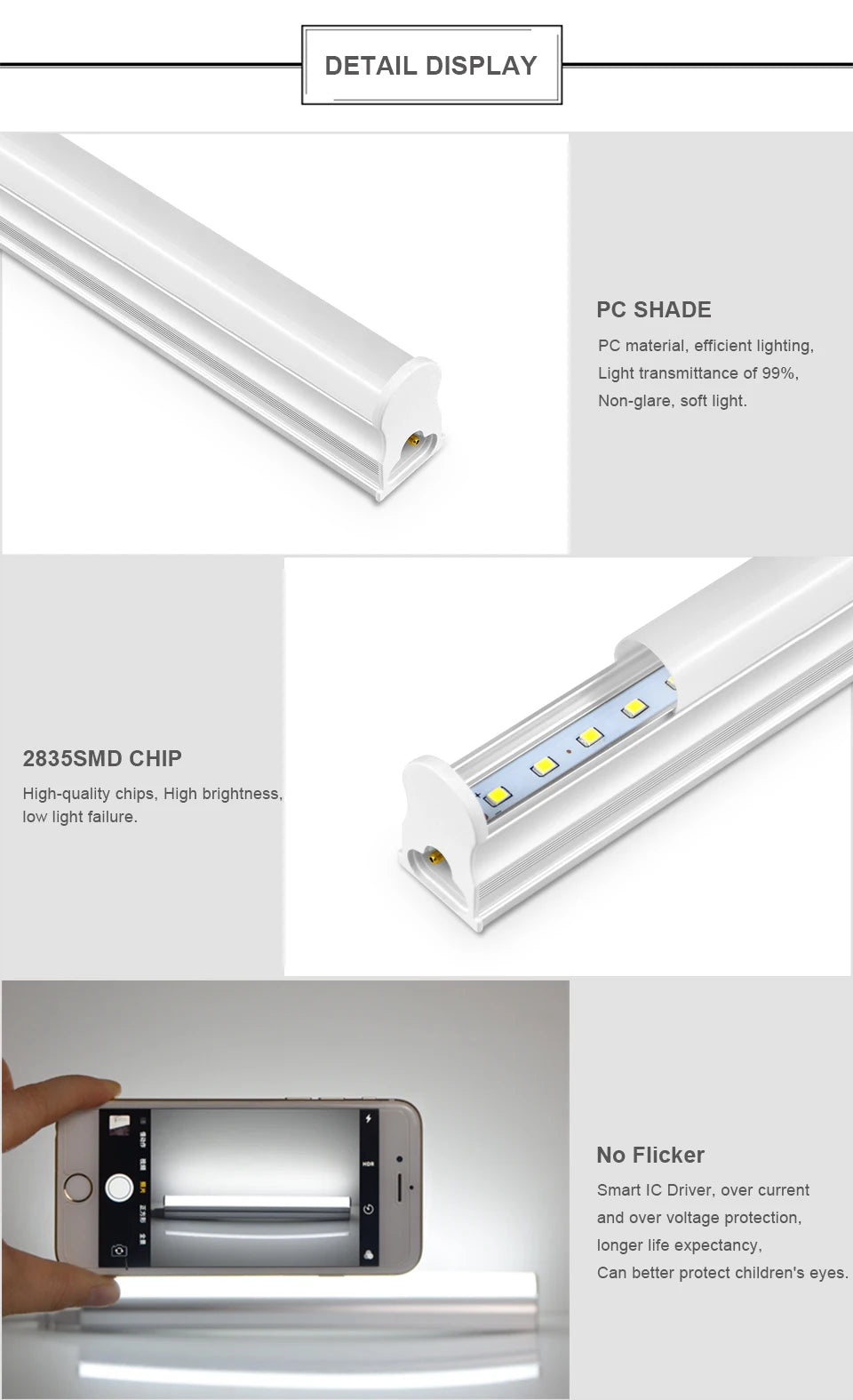 50cm T5 LED Tube Light AC85-265V, 2835 SMD Eye Protection No Flicker, Replace Fluorescent Light for Home, Office, Shop, Hotel.