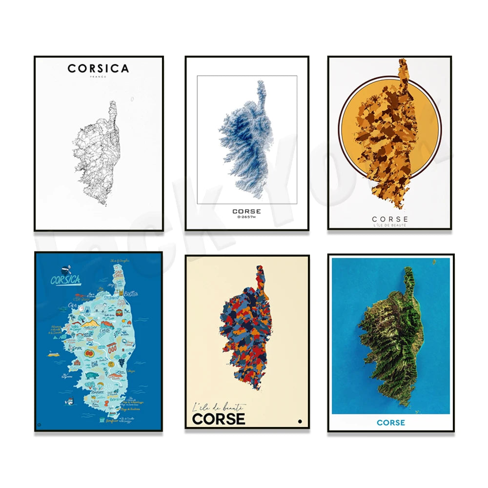 Corsica topographic map print, Corsica cities, France Corsica map print, road map art poster modern wall art decor.