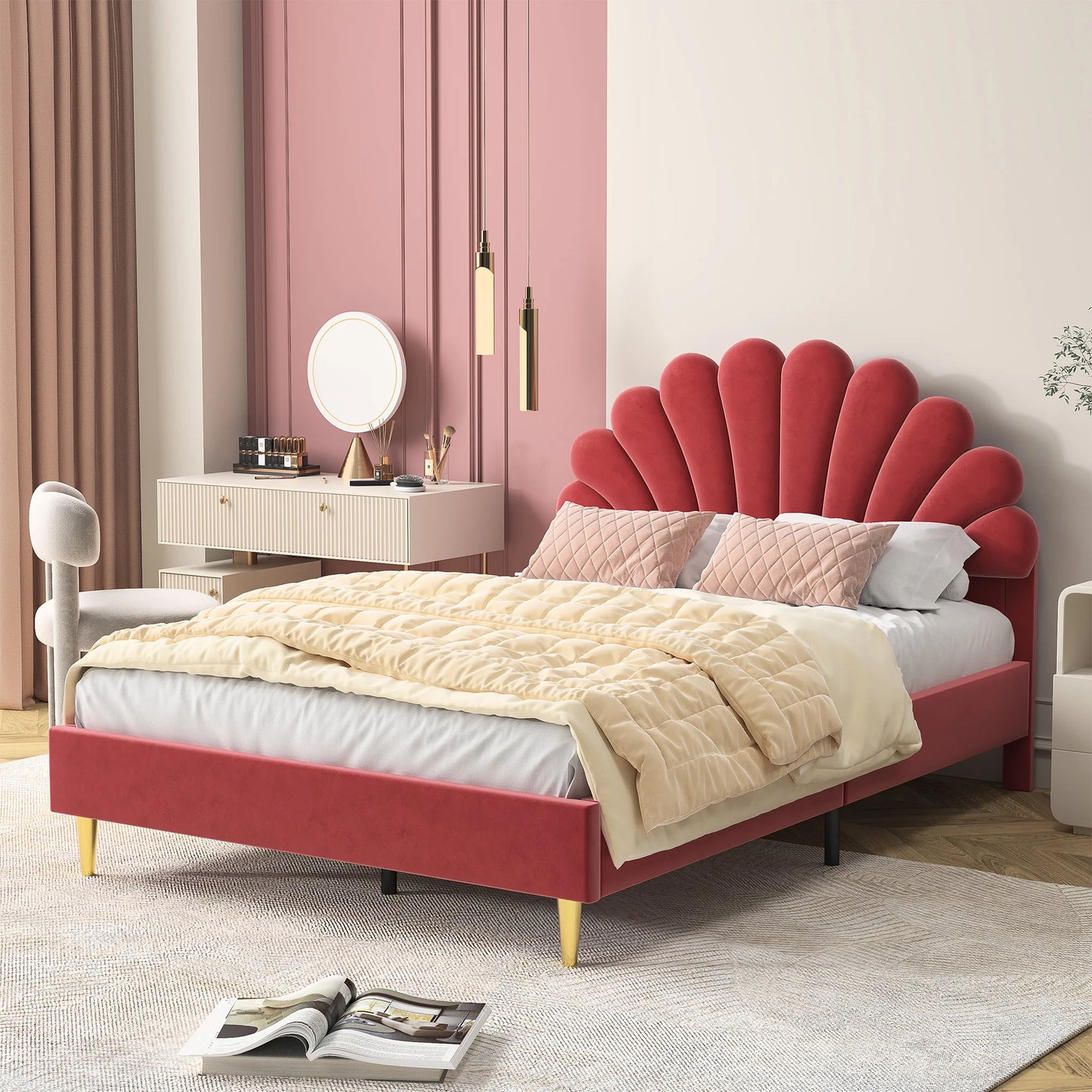 Lazyspace Samt-Doppelbett mit Blütenblättern, 140 x 200 cm Bettgestell mit Blütenblatt-Kopfteil