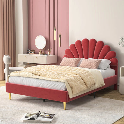 Lazyspace Samt-Doppelbett mit Blütenblättern, 140 x 200 cm Bettgestell mit Blütenblatt-Kopfteil