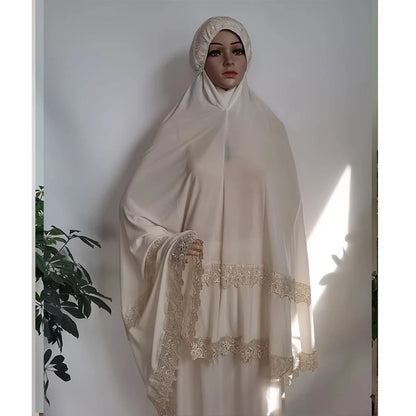 Ramadan  Long Khimar Muslim Abaya Women Prayer Garment Saudi Prayer Dress Lace Trim Silky 2 Piece Skirt Sets Eid Niqab jilbab.
