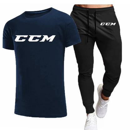 CCM New Men's Tracksuits summer men's sets fitness wear short-sleeved T-shirts+trousers set cotton brand Men's clothing.