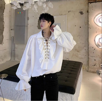 Pirate Shirt for Men Vintage Gothic Renaissance Style Frilled Lace-Up Medieval Buccaneer Blouse Top for All Seasons