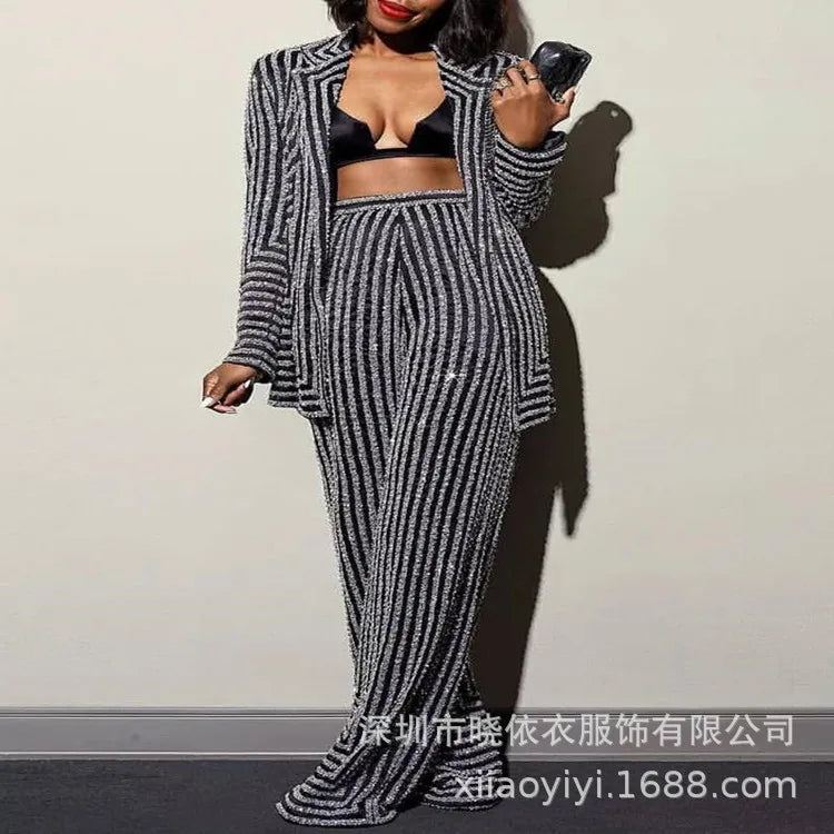 Sexy Women Two Piece Sets Print Striped Slim Fit Full Sleeve Coats Office Ladies Knitted Floor Length Pants Set Temperament.