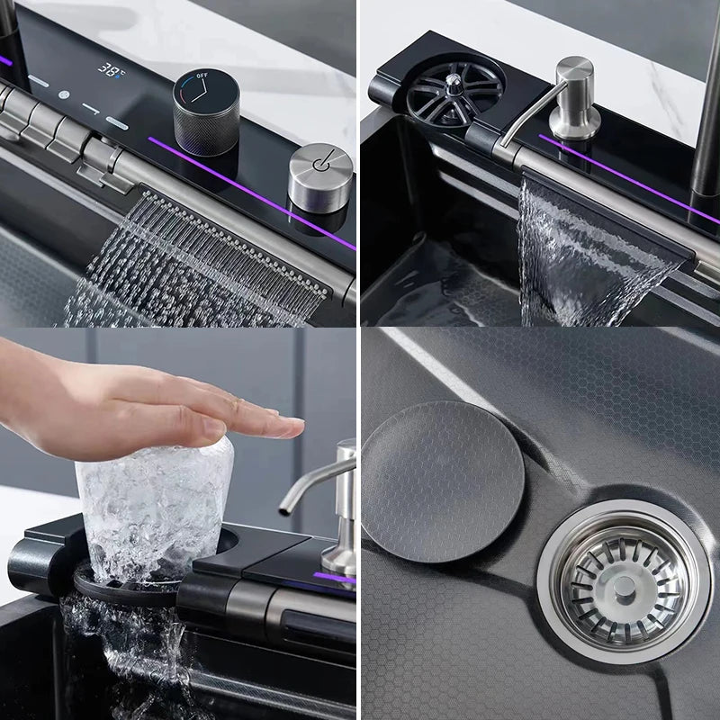 Stainless Steel Kitchen Waterfall Sink Embossed Digital Display Large Single Slot All-in-one Faucet Multi-functional Wash Bain