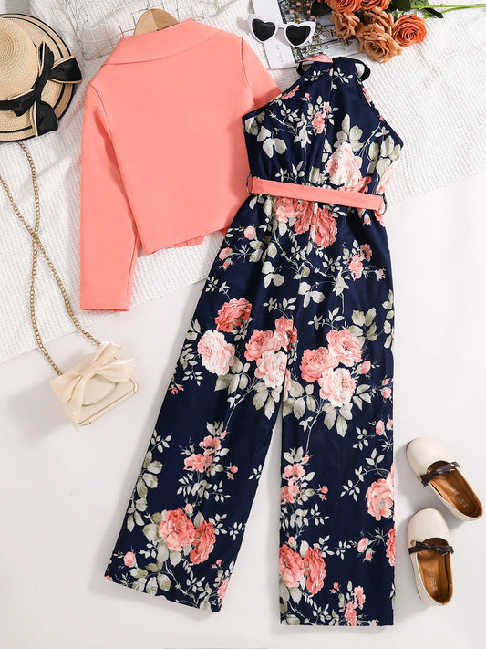 Spring and summer girls fashion outdoor leisure vacation 2-piece pink suit + loose halter high waist one-piece pants dress set.