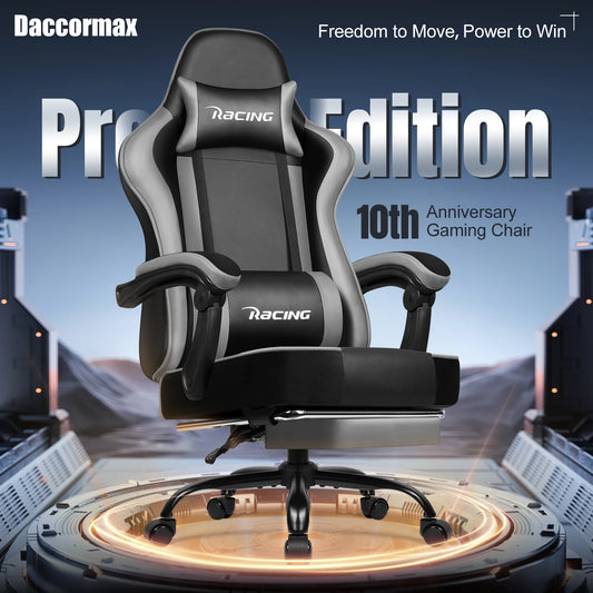 Daccormax Ergonomischer Gaming-Stuhl mit Fußstütze, Liegestuhl 170 ° , Rennstuhl aus PU-Leder mit Lordosenstütze und Kopfstütze