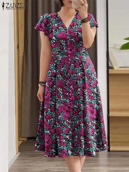 ZANZEA Elegante Frauen Floral Print Midi Kleid Sommer 2025, Casual Rüschen Kurzarm V-ausschnitt Vestidos Mode Cinched Taille Roben.