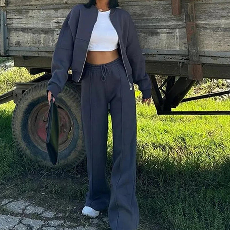 BKLD 2025 Casual Women's Tracksuit Sets Zip-up Loose Cropped Cardigan+Drawstring Sweatpants Solid Fashion Running Street Outfits.