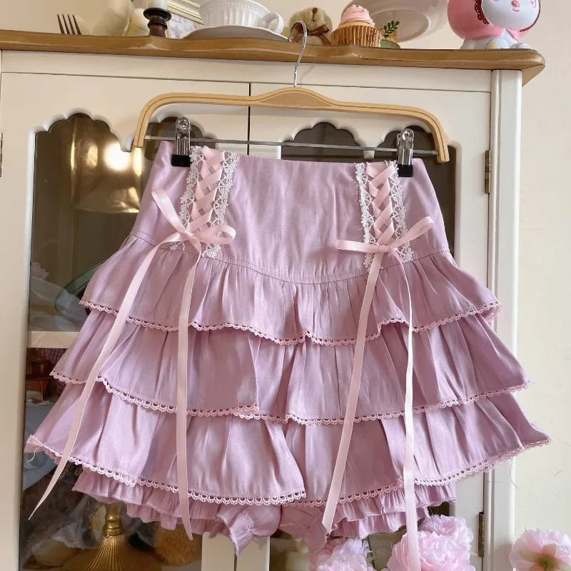 Japanese Kawaii Lolita Style Pleated Skirts Women High Waist Pink Bandage Fairy Y2k Aesthetic Skirt Cute Faldas Mujer Moda 2024