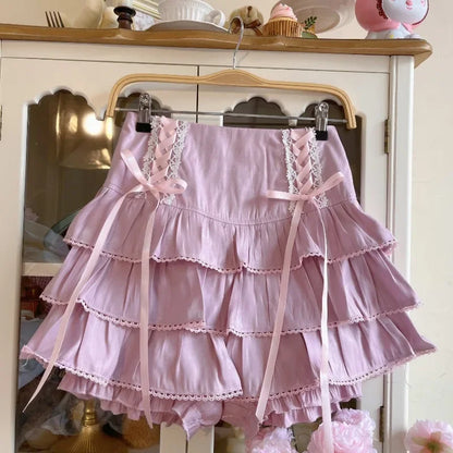 Japanese Kawaii Lolita Style Pleated Skirts Women High Waist Pink Bandage Fairy Y2k Aesthetic Skirt Cute Faldas Mujer Moda 2024