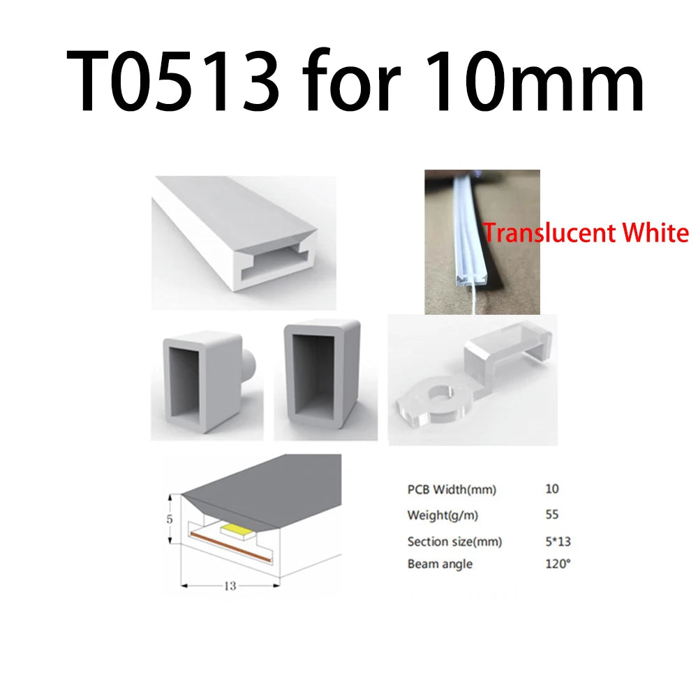 LED Silicone Neon Tube T0511 T0513 T0515 T0308 Flexible Protection Cover Transparent Matte Black Milky For 6-12mm WS2812  Strip.