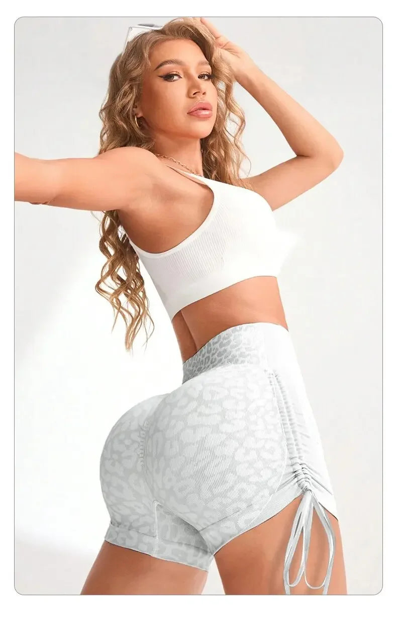 Women High Waist Yoga Shorts Side Drawstring Sexy Leopard Print Sports Shorts Gym Athletic Running Leggings Workout Shorts.