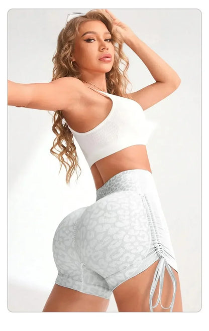 Women High Waist Yoga Shorts Side Drawstring Sexy Leopard Print Sports Shorts Gym Athletic Running Leggings Workout Shorts.