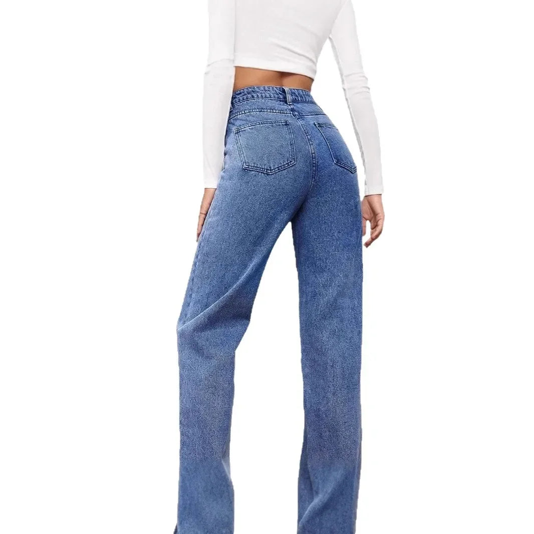 Casual Fashionable Elastic Washed Denim Straight Leg Jeans Women's Loose Straight Leg Trousers High Waist Chinese Production.