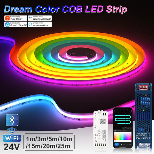 1-25M RGB Addressable COB LED Strip Light 24V WS2811 Pixel LED Strip Tuya WiFi RGBIC LED Ribbon Light Kit For TV Room decoration.