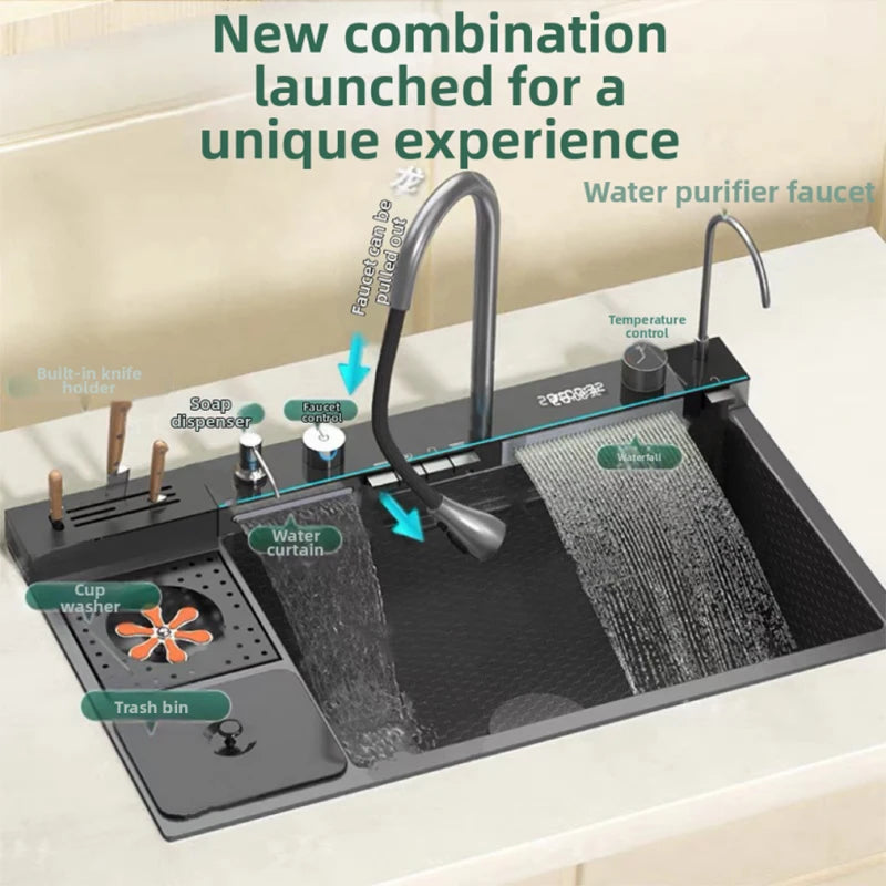 spülbecken küchen new design High-end kitchen sink Knife holder with integrated whale-shaped faucet storage trash can 82*48cm