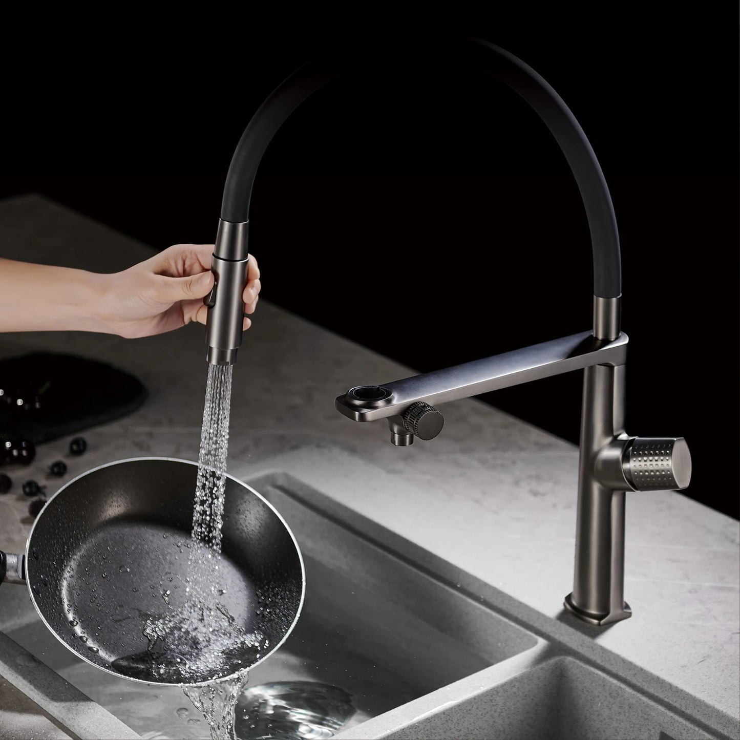 AITANA Luxury Brass Gun Grey Pull out 2-Function Kitchen Faucet Single Handle Cold and Hot Water Pure Water Design Sink Tap