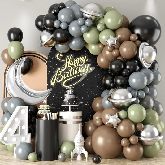117-teiliges Themenballonbogen-Set mit Weltraumserie, Salbeigrün, Grau, Braun, Metallic-Silber, Kriegsballon und Stern-Folienballon, Geburtstagsparty-Dekoration, Abschlussfeierzubehör.
