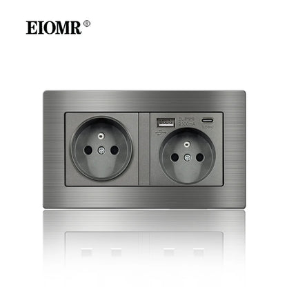 EIOMR Frankreich Standard-Steckdose, graue Aluminiumlegierung, Lichtschalter, RJ45, Fernseher, 220 V, 16 A, Wandsteckdosen für Haushaltsgeräte