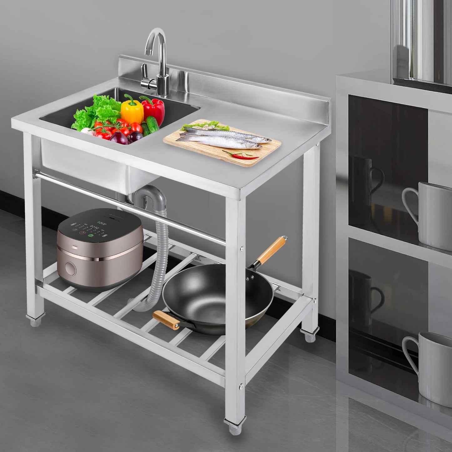 Einzelwaschbecken aus Edelstahl, kommerzielle Restaurant-Küchenspüle, freistehende Küchenspüle mit 360° °   Wasserhahn und 2 Einlassrohren